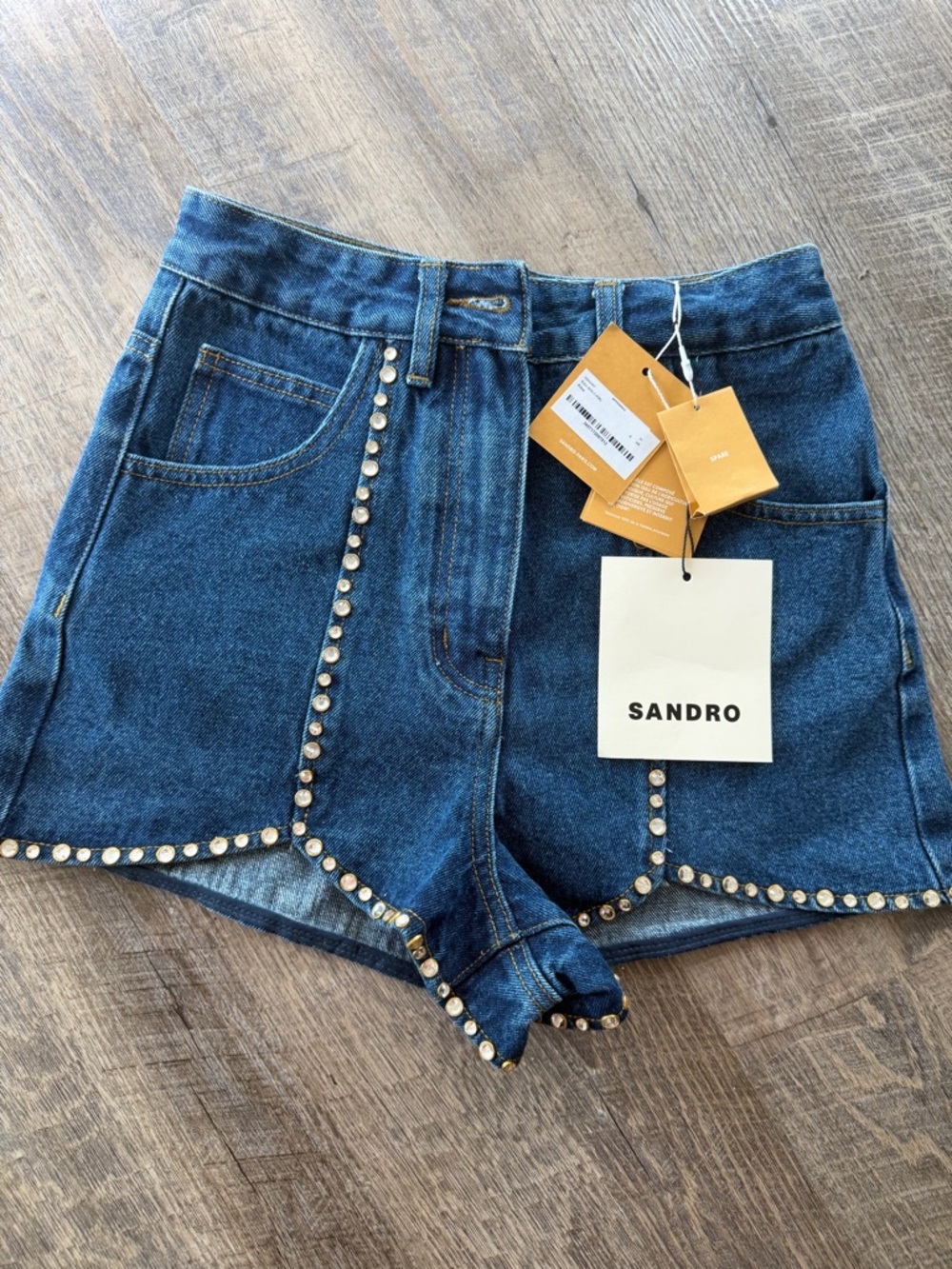 Sandro Dark Blue Crystal-Trim Denim Shorts